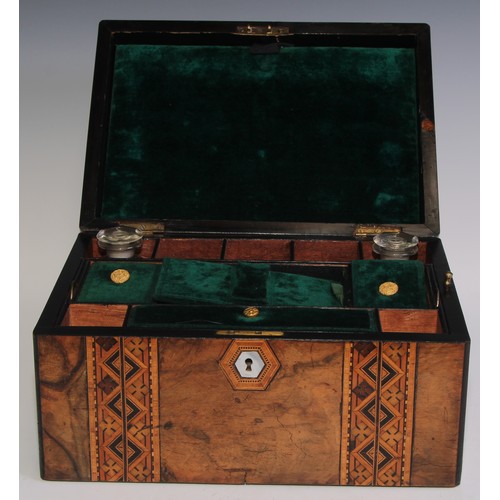 405 - A Victorian walnut and parquetry rectangular work box, hinged cover inlaid with a reserve of mother ... 