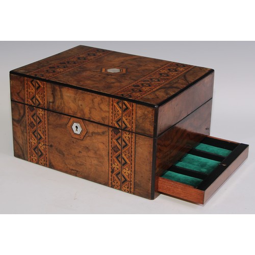 405 - A Victorian walnut and parquetry rectangular work box, hinged cover inlaid with a reserve of mother ... 