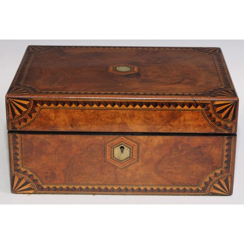 405 - A Victorian walnut and parquetry rectangular work box, hinged cover inlaid with a reserve of mother ... 