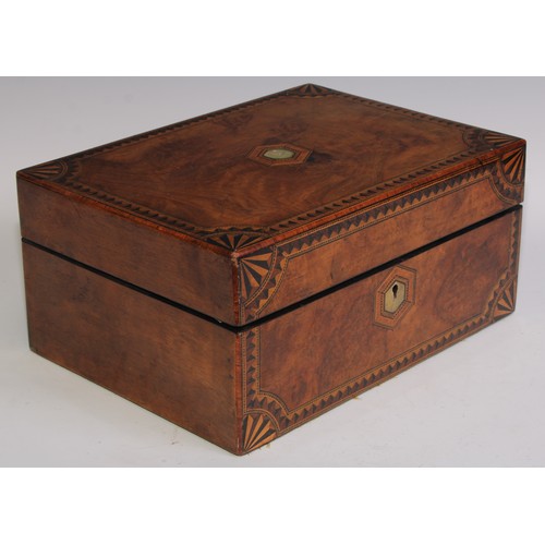 405 - A Victorian walnut and parquetry rectangular work box, hinged cover inlaid with a reserve of mother ... 