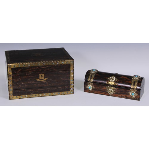 402 - A Victorian coromandel rectangular dressing box, the engraved brass borders inlaid with abalone shel... 