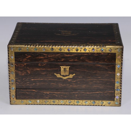 402 - A Victorian coromandel rectangular dressing box, the engraved brass borders inlaid with abalone shel... 