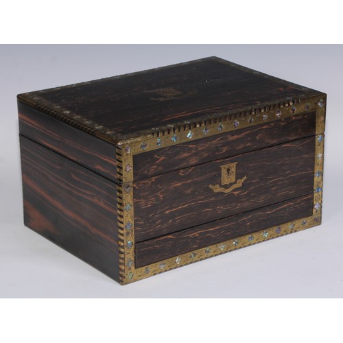 402 - A Victorian coromandel rectangular dressing box, the engraved brass borders inlaid with abalone shel... 