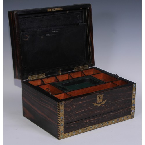 402 - A Victorian coromandel rectangular dressing box, the engraved brass borders inlaid with abalone shel... 