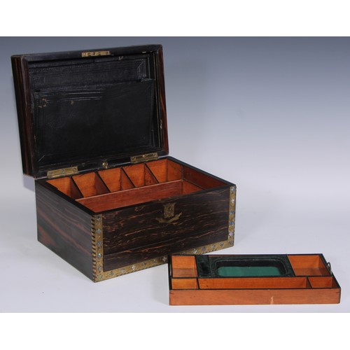 402 - A Victorian coromandel rectangular dressing box, the engraved brass borders inlaid with abalone shel... 