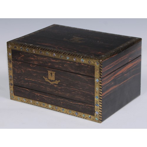 402 - A Victorian coromandel rectangular dressing box, the engraved brass borders inlaid with abalone shel... 