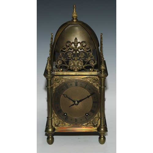 335 - A 17th century style brass lantern clock, 14.5cm chapter ring engraved with Roman and subsidiary Ara... 