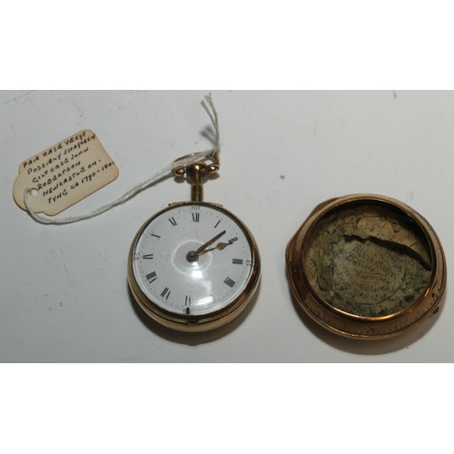 36 - A George III gilt metal pair cased pocket watch, by John Roberstson, Newcastle upon Tyne, 4cm enamel... 