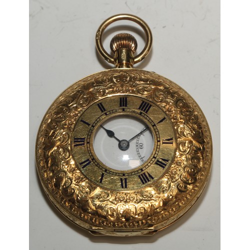 52 - An early 20th century 18ct gold half-hunter pocket watch, 4.5cm enamel dial inscribed with Roman num... 