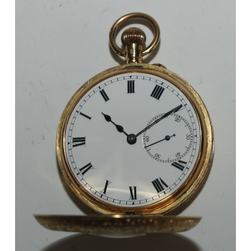 52 - An early 20th century 18ct gold half-hunter pocket watch, 4.5cm enamel dial inscribed with Roman num... 