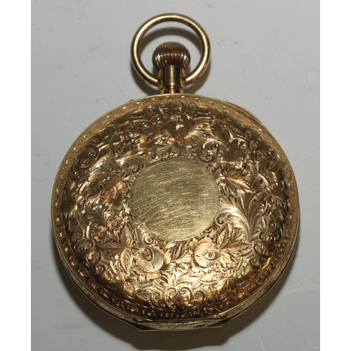 52 - An early 20th century 18ct gold half-hunter pocket watch, 4.5cm enamel dial inscribed with Roman num... 