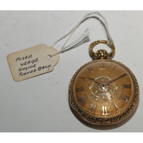 35 - A George III 18ct four-colour gold open faced pocket watch, by [George] LeFever, Wisbech, 4cm matted... 