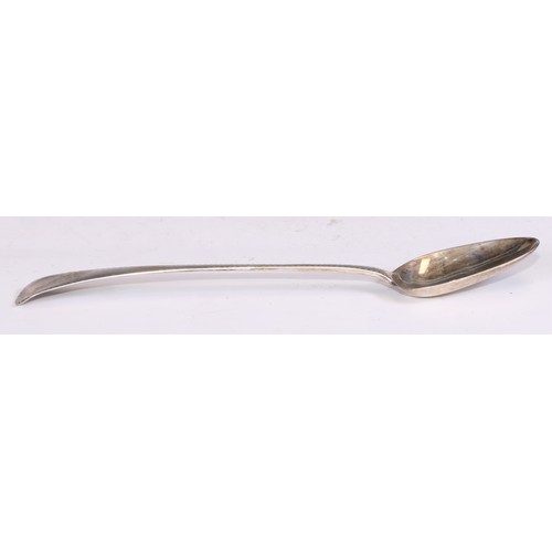 386 - A George III silver Bright-cut Old English pattern basting spoon, 30cm long, London 1786; another, L... 