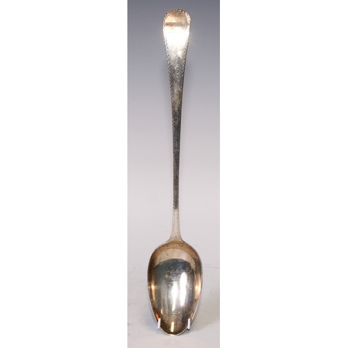 386 - A George III silver Bright-cut Old English pattern basting spoon, 30cm long, London 1786; another, L... 