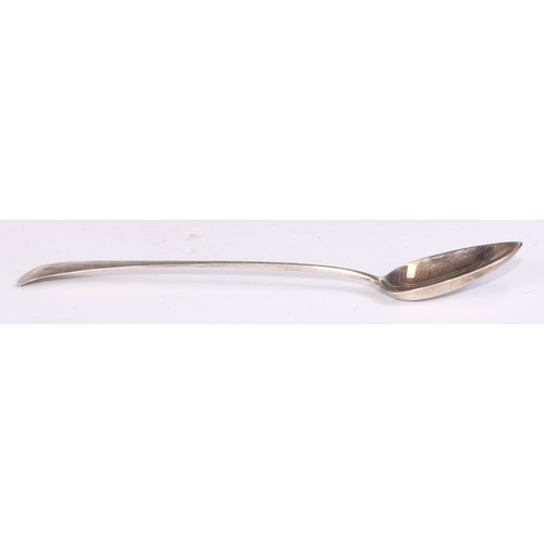 386 - A George III silver Bright-cut Old English pattern basting spoon, 30cm long, London 1786; another, L... 