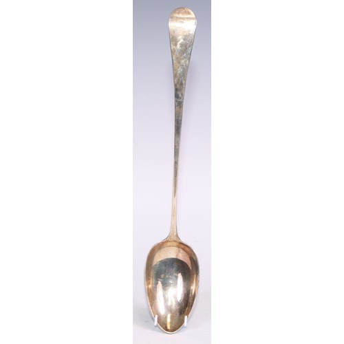 386 - A George III silver Bright-cut Old English pattern basting spoon, 30cm long, London 1786; another, L... 