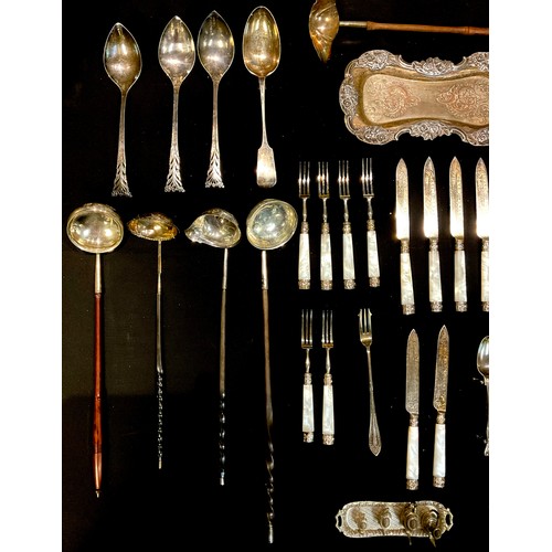 28 - Silver and Plated Ware - four George III silver toddy ladles; a Victorian E.P.B.M tea service; a tra... 