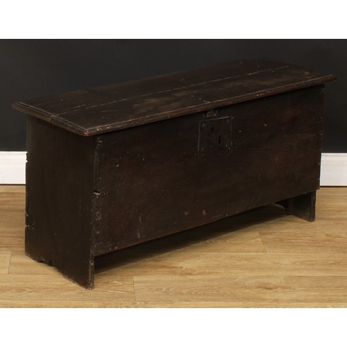 498 - An 18th century oak six-plank chest, hinged top, 49cm high, 98cm wide, 37cm deep