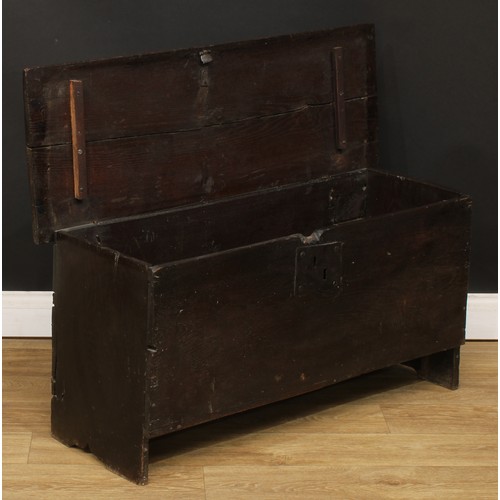 498 - An 18th century oak six-plank chest, hinged top, 49cm high, 98cm wide, 37cm deep