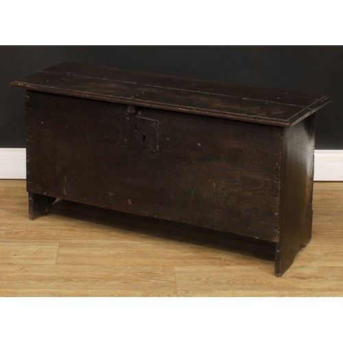 498 - An 18th century oak six-plank chest, hinged top, 49cm high, 98cm wide, 37cm deep