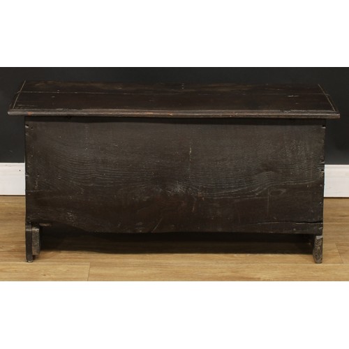 498 - An 18th century oak six-plank chest, hinged top, 49cm high, 98cm wide, 37cm deep