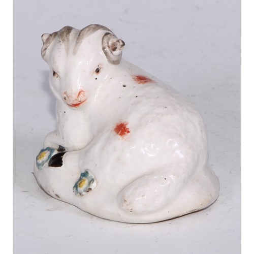 683 - A Derby model, of a ram, recumbent, 6.5cm wide, c.1780