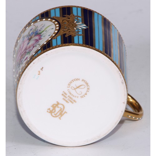 573 - A Lynton Porcelain Company coffee can and saucer, painted by Stefan Nowacki, signed, with a spray of... 