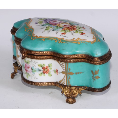 383 - A Continental gilt metal mounted porcelain shaped serpentine casket, decorated with reserves of flow... 