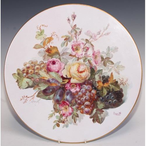 589 - A Derby Crown Porcelain circular charger, painted by R Bier, with flowers and ripe fruit, printed ma... 