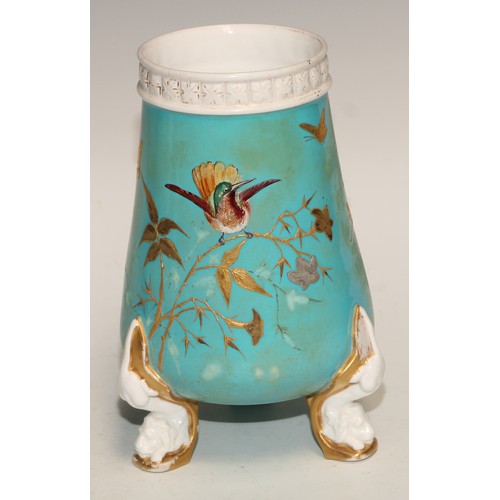 598 - A pair of Derby Crown Porcelain Aesthetic Movement spill vases, decorated in gilt on a turquoise gro... 