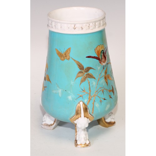 598 - A pair of Derby Crown Porcelain Aesthetic Movement spill vases, decorated in gilt on a turquoise gro... 