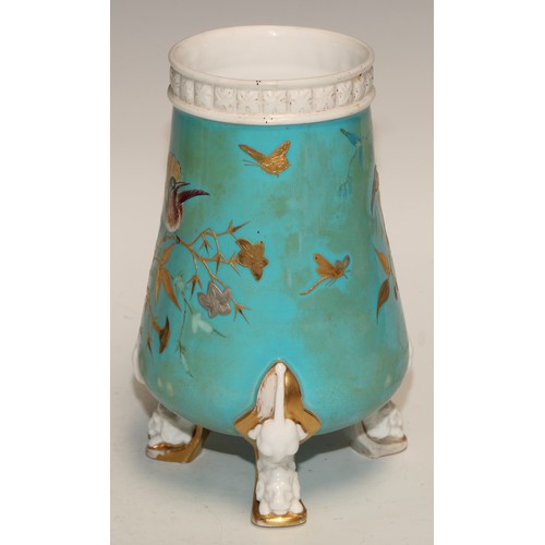 598 - A pair of Derby Crown Porcelain Aesthetic Movement spill vases, decorated in gilt on a turquoise gro... 