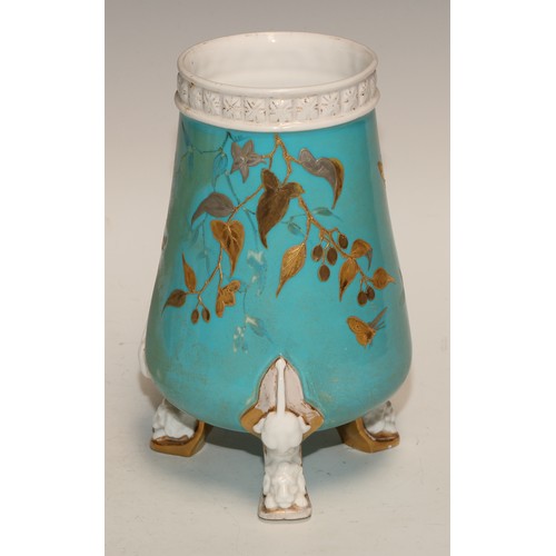 598 - A pair of Derby Crown Porcelain Aesthetic Movement spill vases, decorated in gilt on a turquoise gro... 