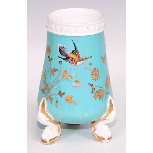 598 - A pair of Derby Crown Porcelain Aesthetic Movement spill vases, decorated in gilt on a turquoise gro... 