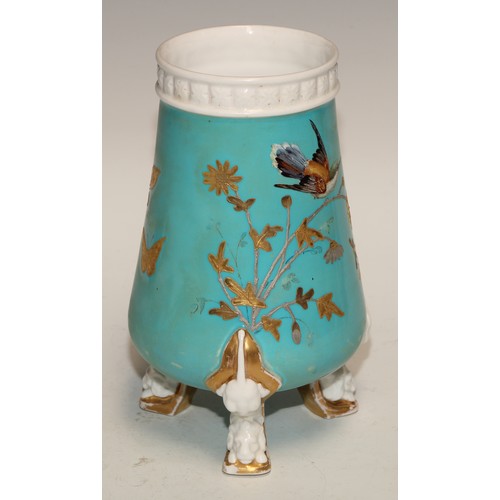 598 - A pair of Derby Crown Porcelain Aesthetic Movement spill vases, decorated in gilt on a turquoise gro... 