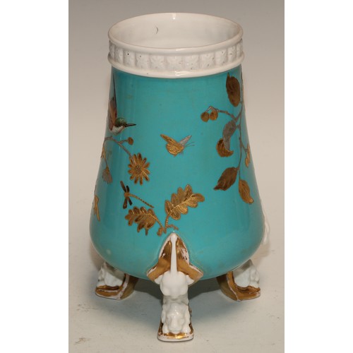 598 - A pair of Derby Crown Porcelain Aesthetic Movement spill vases, decorated in gilt on a turquoise gro... 