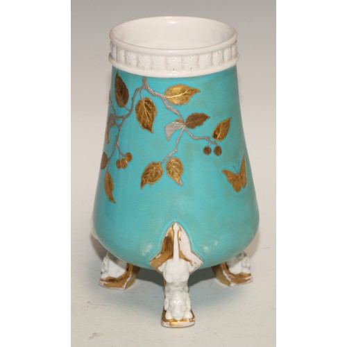 598 - A pair of Derby Crown Porcelain Aesthetic Movement spill vases, decorated in gilt on a turquoise gro... 