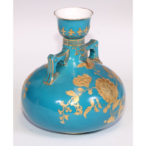 598 - A pair of Derby Crown Porcelain Aesthetic Movement spill vases, decorated in gilt on a turquoise gro... 