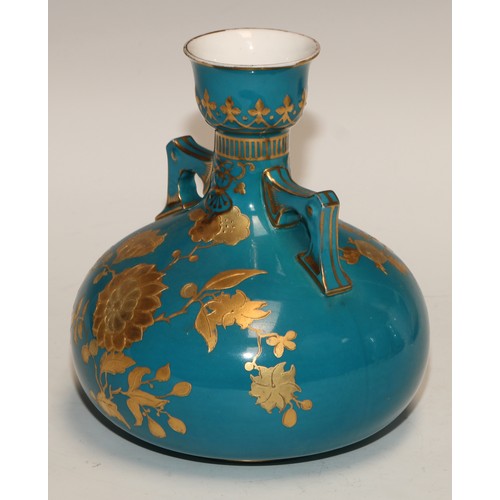 598 - A pair of Derby Crown Porcelain Aesthetic Movement spill vases, decorated in gilt on a turquoise gro... 