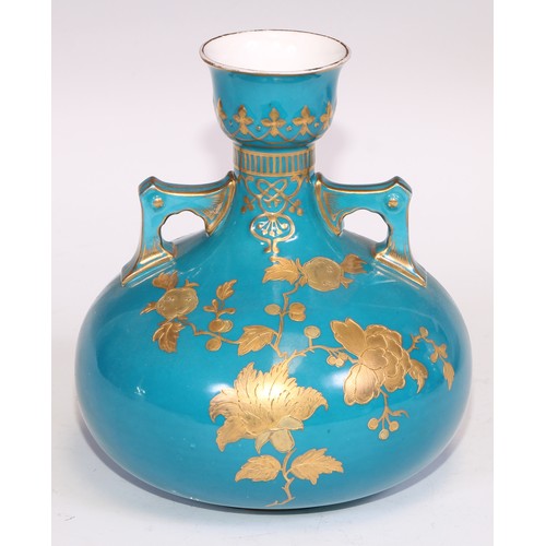 598 - A pair of Derby Crown Porcelain Aesthetic Movement spill vases, decorated in gilt on a turquoise gro... 