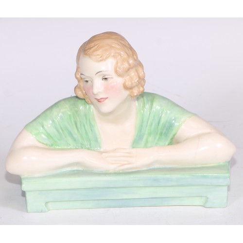 748 - A Royal Doulton bust length figure, Gladys, modelled as a young Art Deco lady leaning on a ledge, 17... 