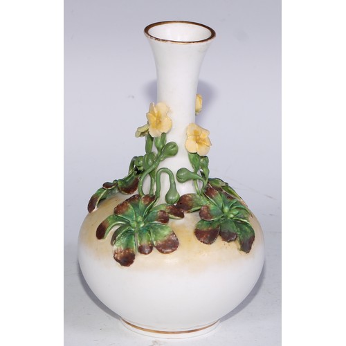 800 - A Sampson Hancock Derby ovoid bottle vase, applied with blossoming branches, 16cm high, red mark; ot... 