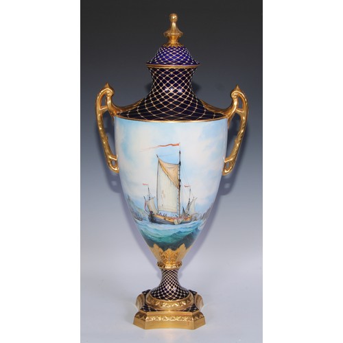 585 - A substantial Lynton Porcelain Company two-handled pedestal vase, painted by Stefan Nowacki, signed,... 