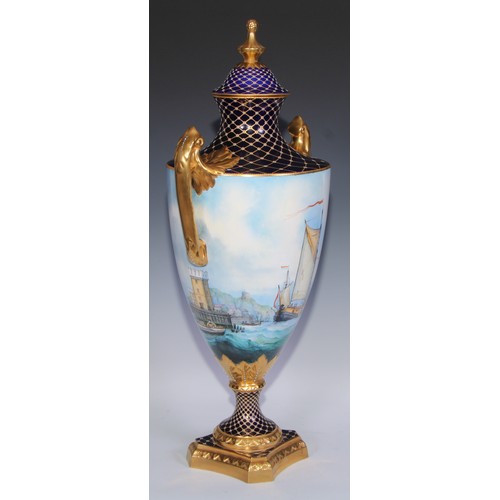 585 - A substantial Lynton Porcelain Company two-handled pedestal vase, painted by Stefan Nowacki, signed,... 