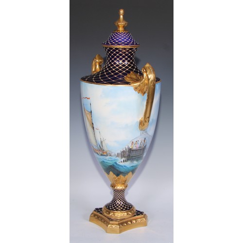 585 - A substantial Lynton Porcelain Company two-handled pedestal vase, painted by Stefan Nowacki, signed,... 