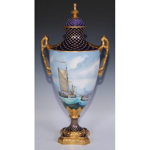 585 - A substantial Lynton Porcelain Company two-handled pedestal vase, painted by Stefan Nowacki, signed,... 