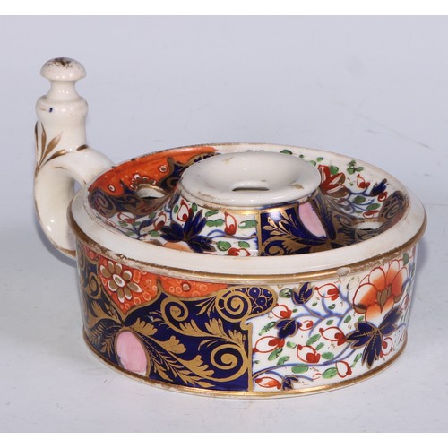 681 - A Derby inkwell, decorated in the Imari palette and picked out in gilt, 12cm diam, red mark, c.1825;... 