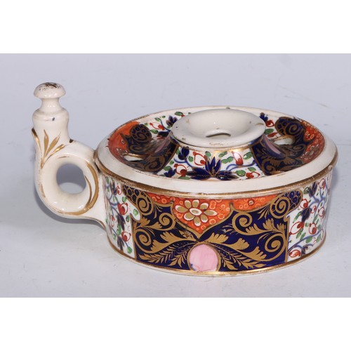 681 - A Derby inkwell, decorated in the Imari palette and picked out in gilt, 12cm diam, red mark, c.1825;... 