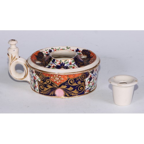 681 - A Derby inkwell, decorated in the Imari palette and picked out in gilt, 12cm diam, red mark, c.1825;... 