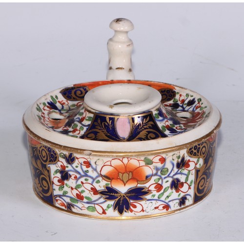 681 - A Derby inkwell, decorated in the Imari palette and picked out in gilt, 12cm diam, red mark, c.1825;... 